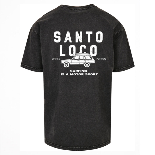 SantoLoco Sagres Surfing is a MotorSport Black Washed T-Shirt