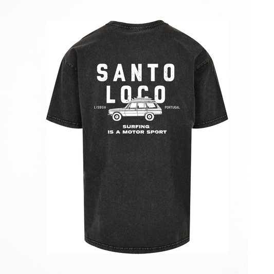 SantoLoco Lisboa Surfing is a MotorSport Black Washed T-Shirt